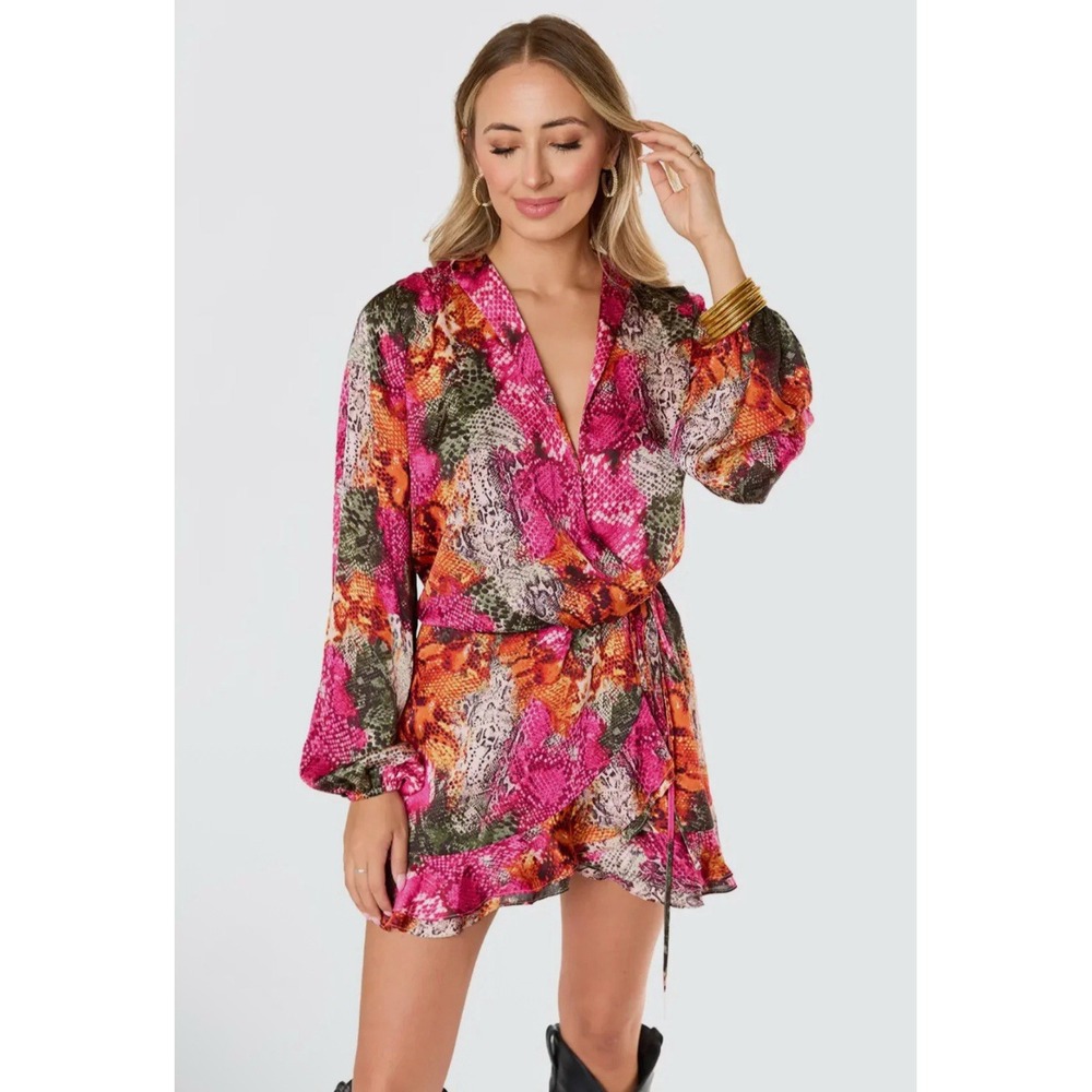 NWT Buddy Love Jace Romper Dress Snakeskin Wrap Frio V-Neck Medium Boho Wrap Tie